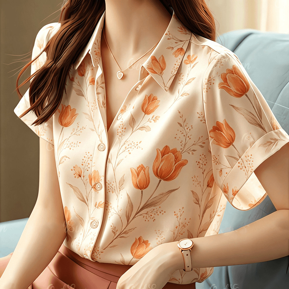 Blusa Feminina De Lapela De Manga Curta , Estampa Floral Rosa Branca Azul Marinho , Camisa De Cetim Com Botões Semelhant
