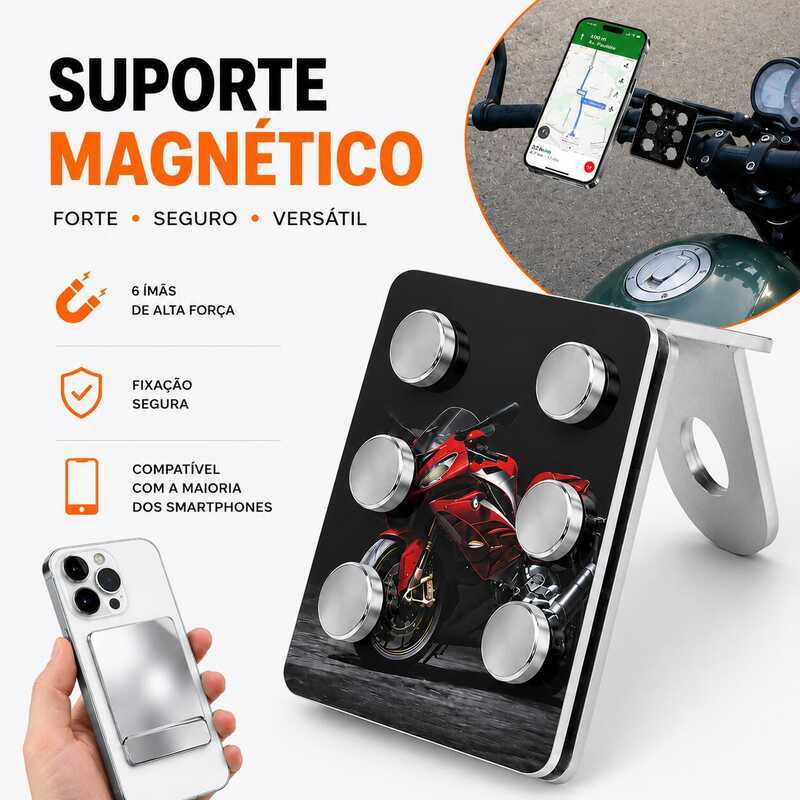 Suporte Magnético Celular Moto Super Ímã 6 Ímãs Fixação Alta Velocidade