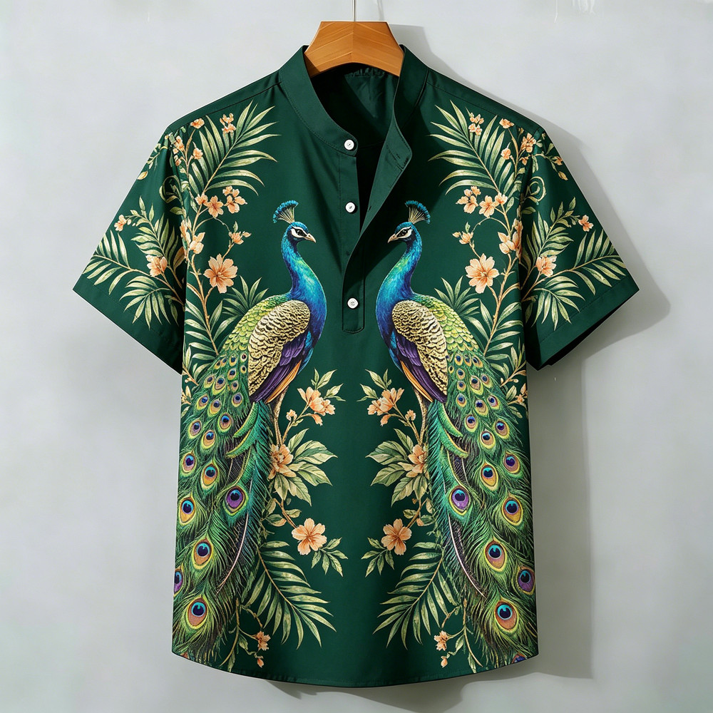 2026 Camisa Masculina De Manga Curta Meia Carcela Gola Henry Respirável Pavão Beija-Flor Estampa Rua Moda Casual