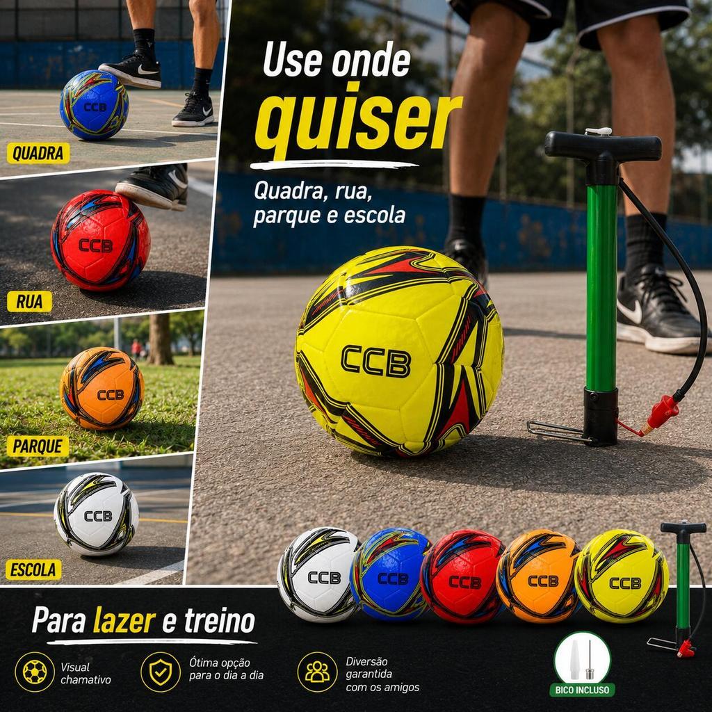 Kit Bola de Futebol CCB + Bomba de Ar Manual Verde Para Quadra Rua Parque Treino Lazer Esporte 5 Cores