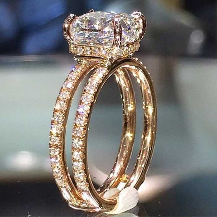 Lindo anel banhado a ouro 14k dupla camada diamante coroa anel quadrado diamante princesa anel de noivado presente