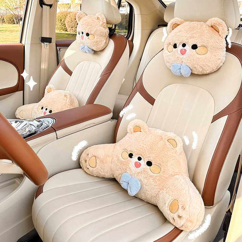 Travesseiro de pescoço para encosto de cabeça de carro, desenho animado, urso, travesseiro lombar de carro, quatro estaç