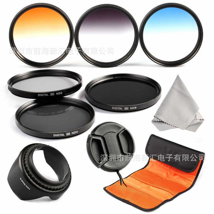 Kit de filtro para câmera SLR 49-86mm 10 em 1 gradiente azul laranja cinza + ND2/4/8+ tampa de pétala