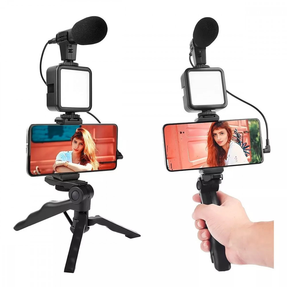 Suporte para Celular com Tripé Luz LED para Streaming / Podcast / Self com Microfone Kapbom KA-5673