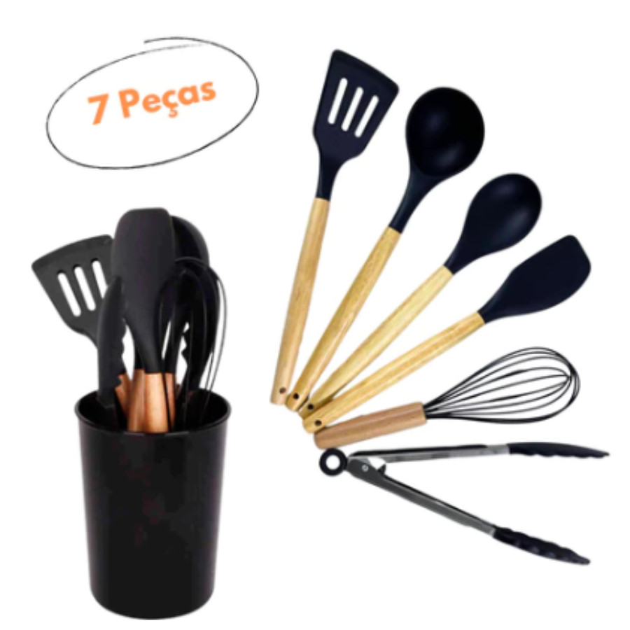 Kit Utensílios de Cozinha 7 Peças Silicone Colorido – Conjunto Espátula Colher Concha Antiaderente