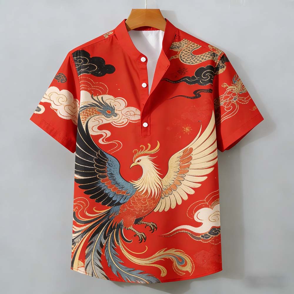 Camisa Masculina Com Gola Alta Estilo Chinês Vermelha Phoenix E Estampa De Nuvem