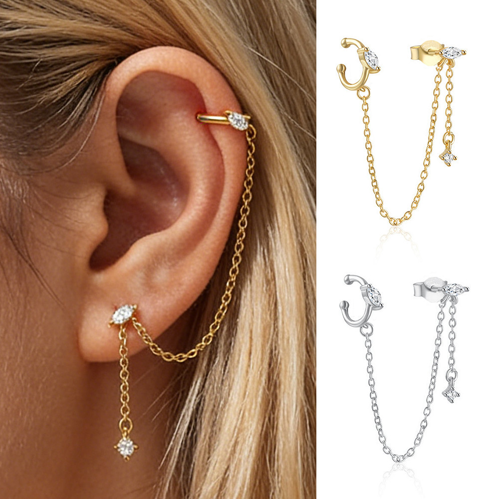 1pc Cor De Ouro Corrente Brinco Para Mulheres Link Tragus Piercing Orelha Cartilagem Clipe Zircônia Cúbica Moda Jóias Dr