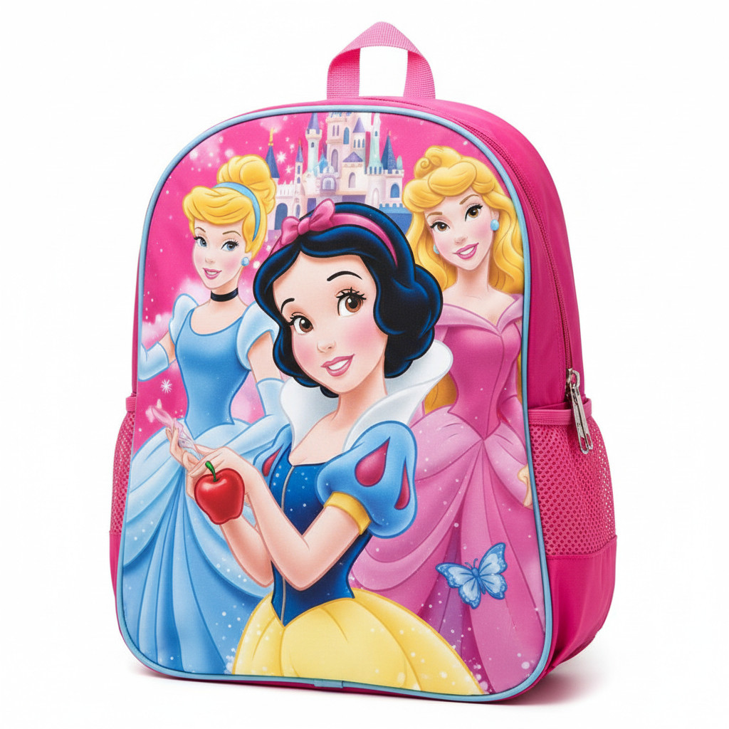Mochila Infantil Princesas Rosa Escolar Menina Bela Adormecida Branca de Neve Cinderela Costas