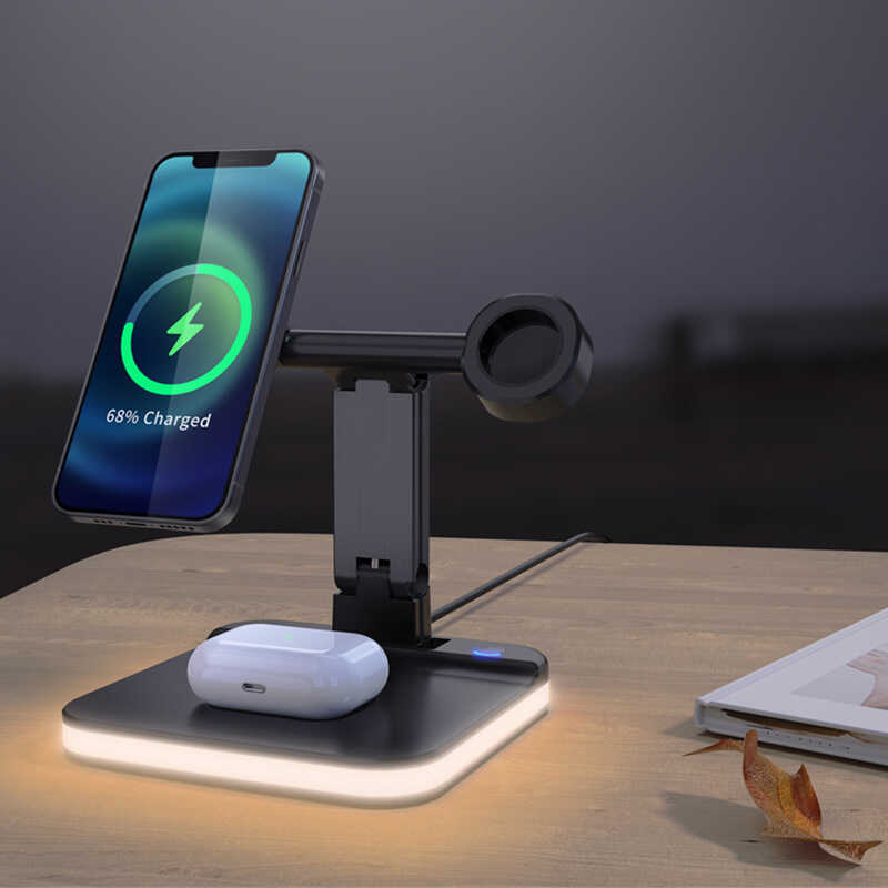 Carregador magnético sem fio 15W carregador três-em-um carregador sem fio dobrável relógio do telefone móvel fone de ouv