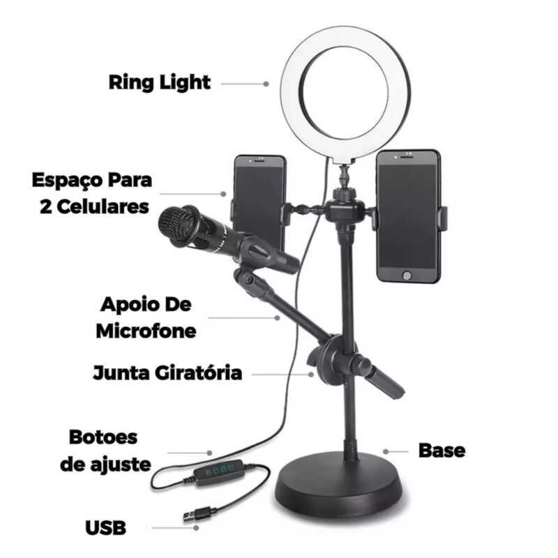 Ring Light Com Suporte Para Gravação Celular E Microfone 3em1 Tomate MTG-132
