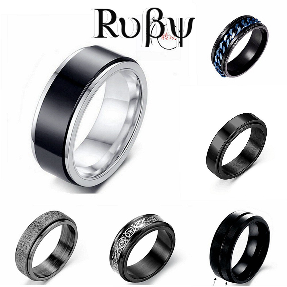 R RUBY Anel de aço de titânio giratório preto europeu americano anel de aço inoxidável masculino