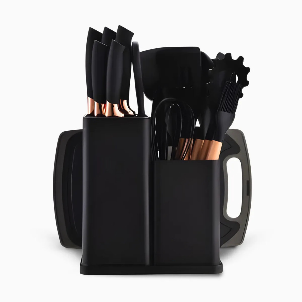 Kit Utensílios de Cozinha Silicone 19 Peças Jogo Completo Preto Antiaderente Resistente ao Calor com Suporte