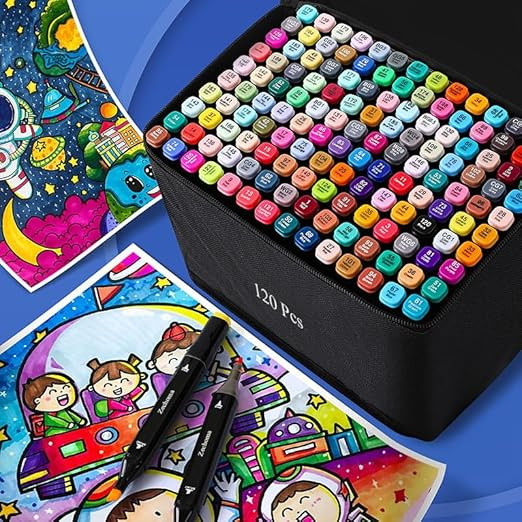 Conjunto de Caneta Colorida Ponta Dupla 120Pçs com Estojo (Versão Pretas ou Brancas)
