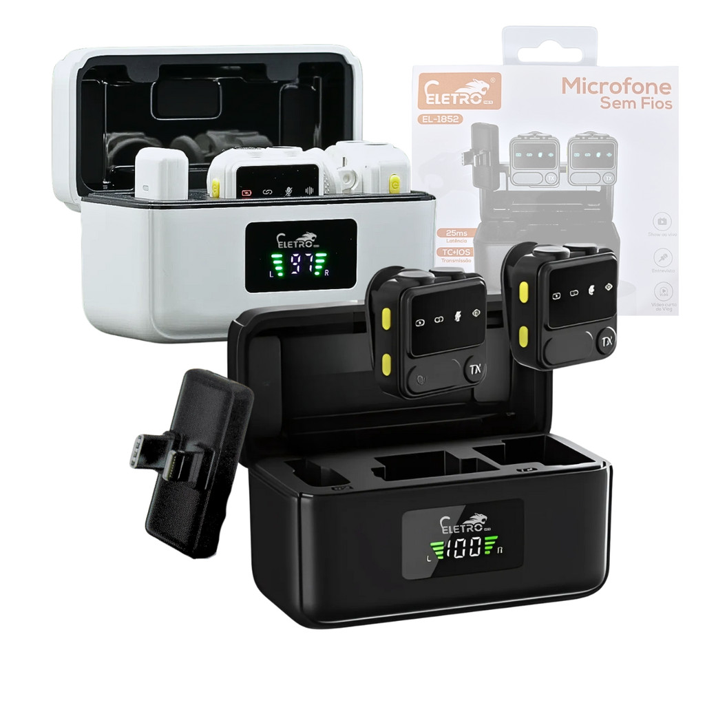 Microfone de Lapela Conector Duplo com Redução de Ruído e Case de Carregamento Eletromex
