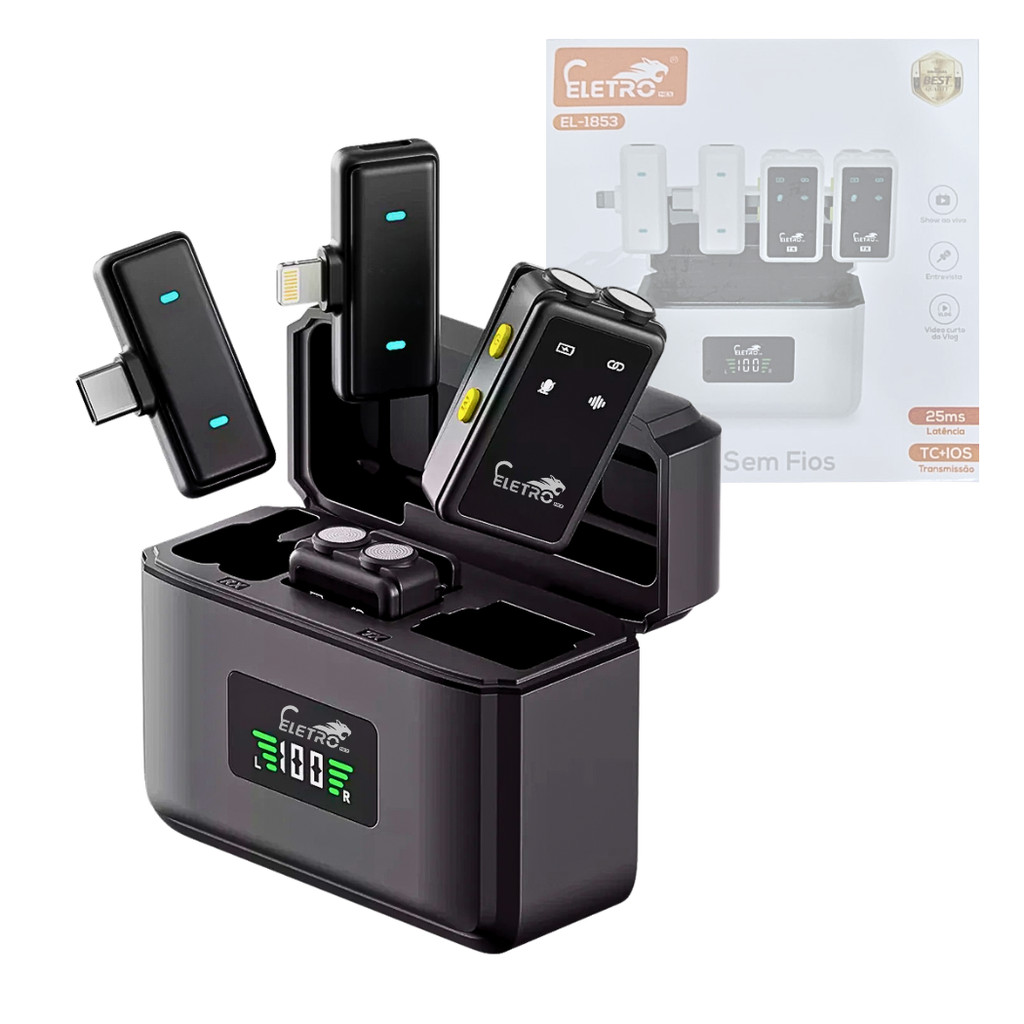 Microfone Sem Fio Lapela para Vídeo Celular iPhone Android com Redução de Ruído Tipo-C Lightning EL-1853