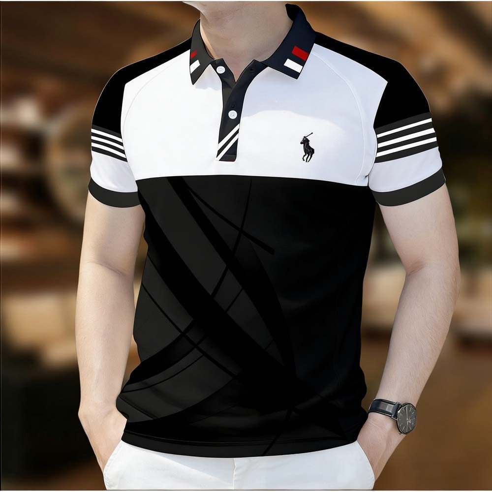 Camisa polo Listrada Masculina , Roupas Casuais De Manga Curta Da Moda , Camiseta Estampada Geométrica Solta Estilo Core