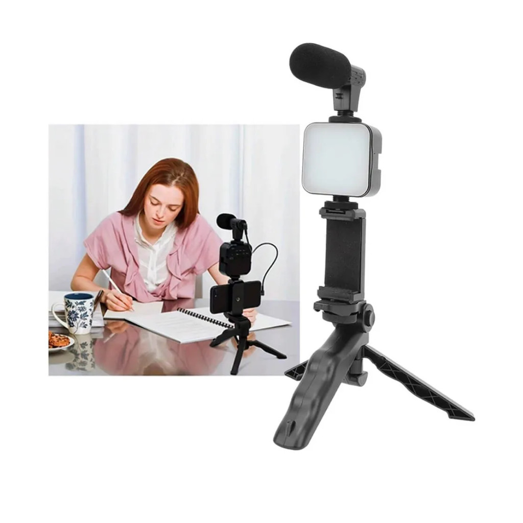 Suporte para Celular com Tripé Luz LED para Streaming Podcast Self com Microfone T&Z TZ-KD-49/20