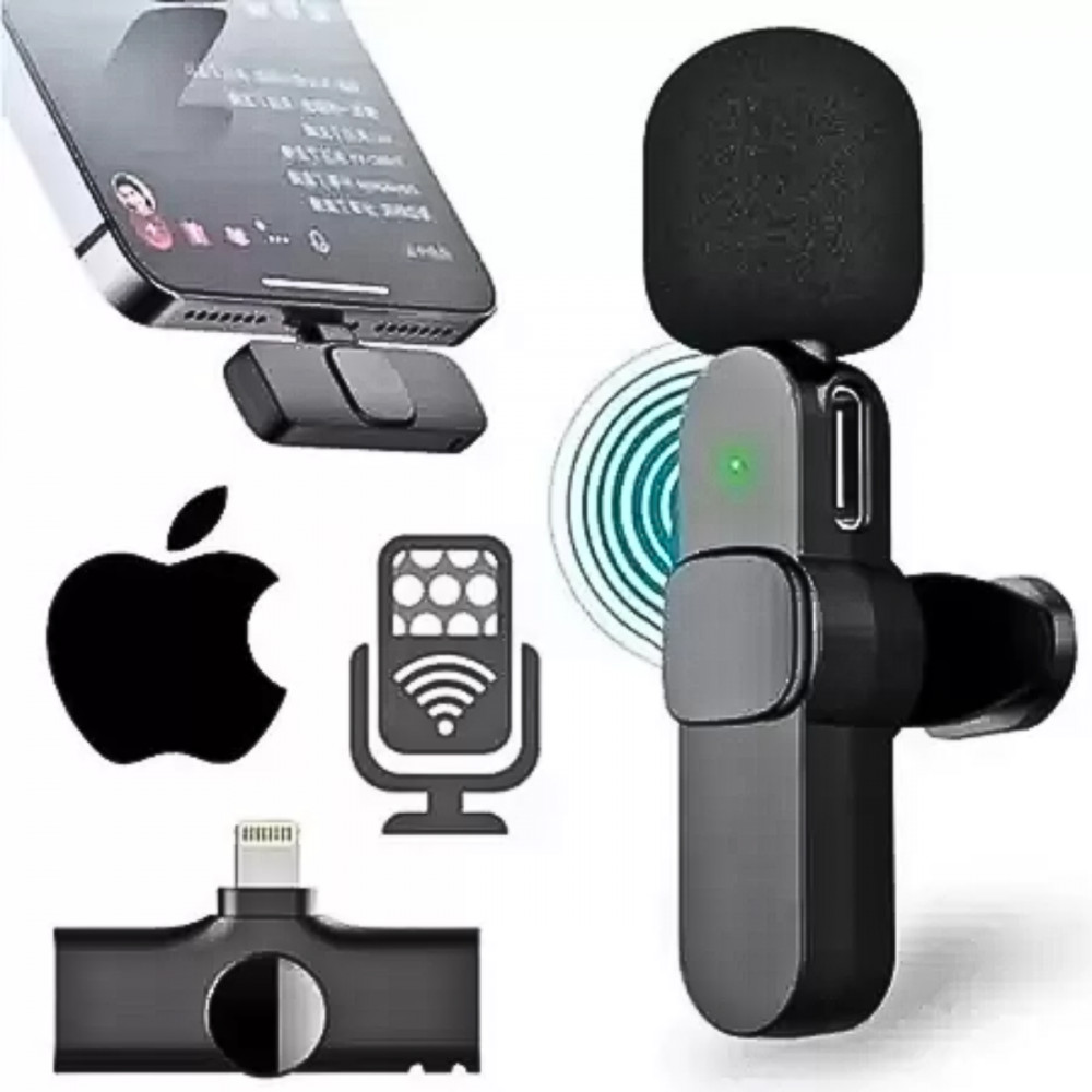 Microfone Condensador Duplo de Lapela Wireless Lightning Sem Fio 2.4GHZ K9-IP-2IN1