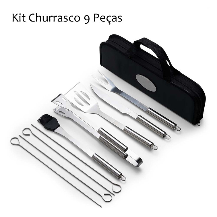 Kit Churrasco 9 Peças Personalizado em Estojo de Nylon com Utensílios em Inox