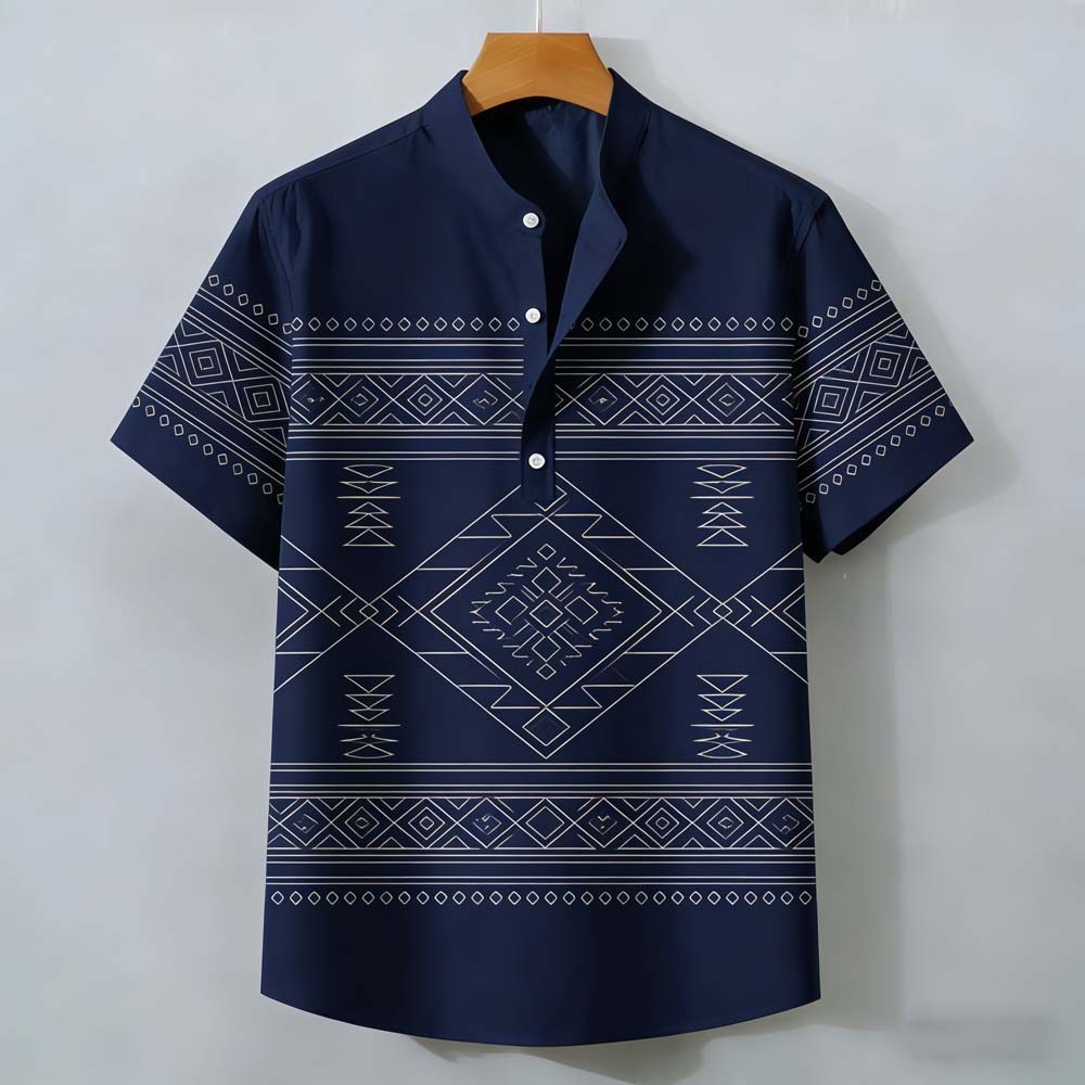 Camisa Masculina De Manga Curta Com Estampa Geométrica Azul Marinho Branco – Top Henley Casual Botão Frontal