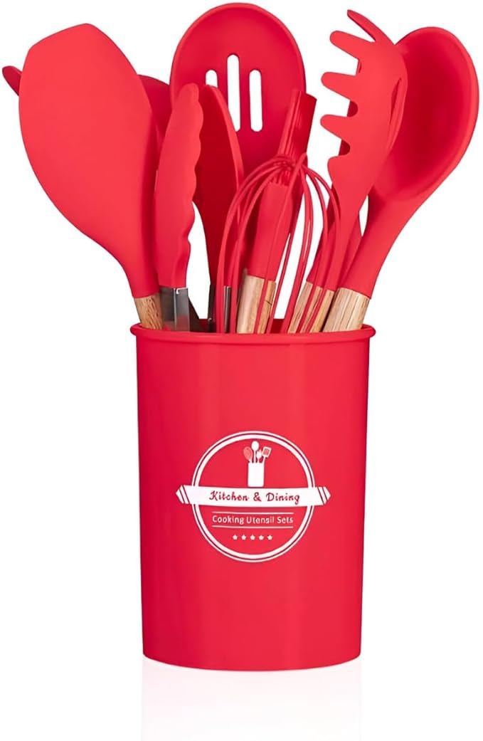 Kit 12 Utensílios Cozinha Silicone Cabo Madeira Antiaderente Vermelho Resistente Alta Temperatura Gourmet