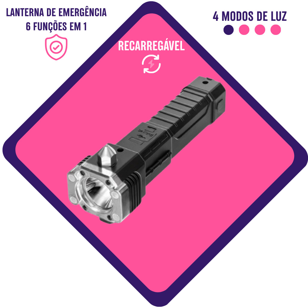 Lanterna LED Recarregável Tática Martelo Quebra Vidro Emergência USB Potente para Carro Camping