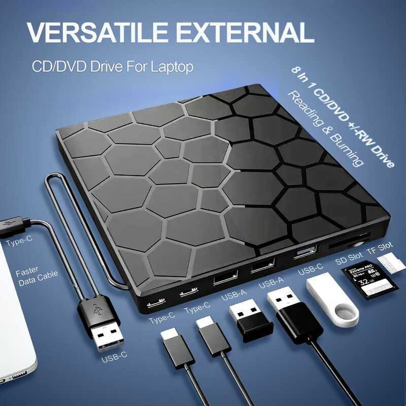 Novo produto Unidade óptica externa estendida multifuncional Gravador de gravação de DVD Interface USB/TIPO duplo 8 em 1