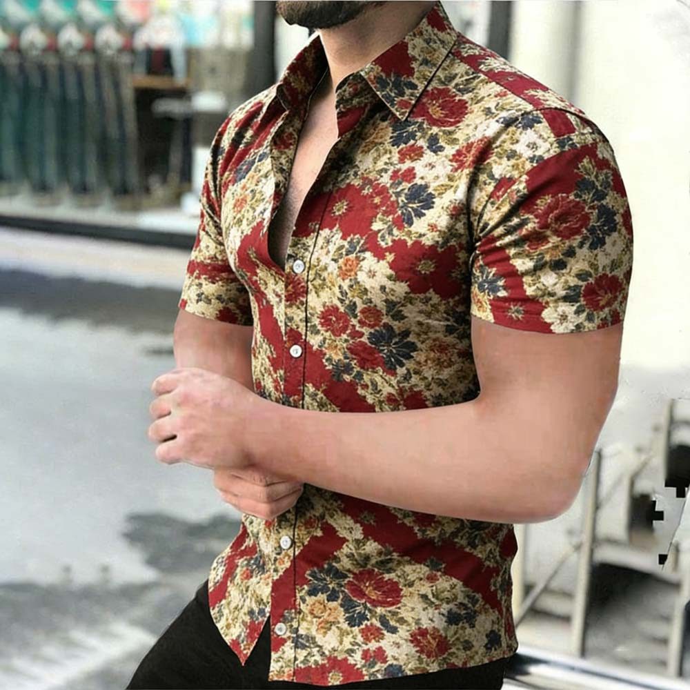 Camisa Masculina De Manga Curta – Top Casual Com Estampa Floral Retrô Para Moda Urbana