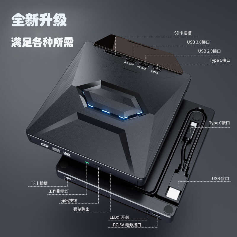 Unidade óptica externa multifuncional Plug-In, gravador de gravação de DVD móvel, cartão TF legível, unidade óptica USB
