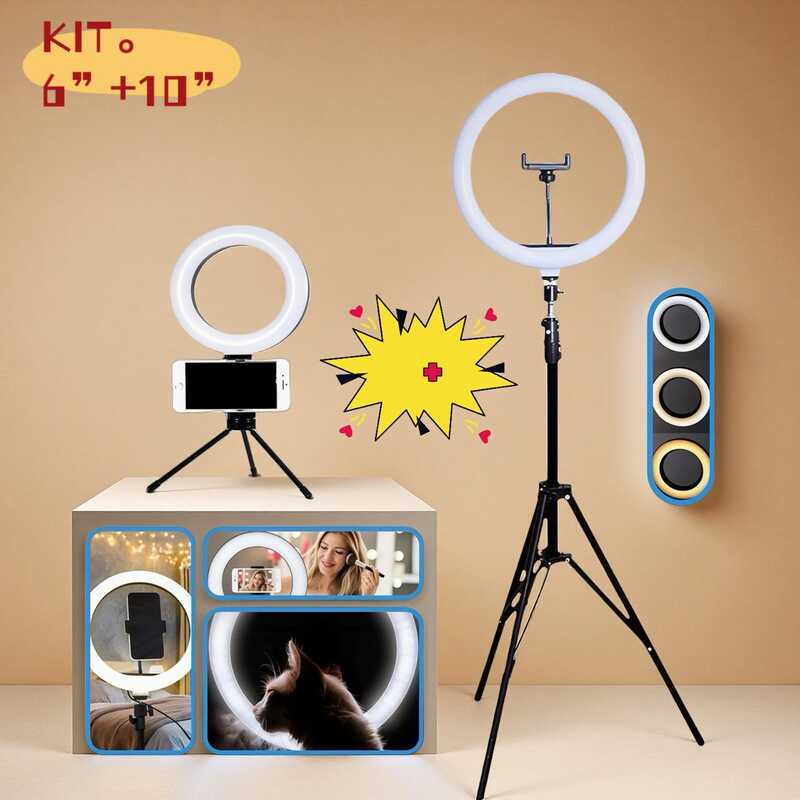 Kit Completo 2 Profissional 6 polegadas Com Suporte Para Celular 19cm e Ring Light 10 Polegadas C/ Tripé 2,10M em Oferta na Shopee