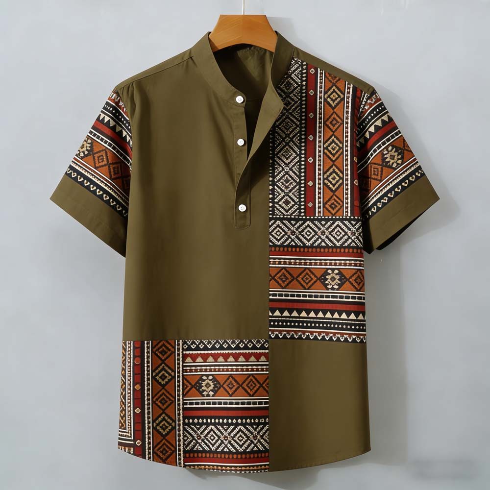 Camisa Henley Masculina Verde Oliva Com Estampa Tribal De Manga Curta – Blusa Casual Botões Para Homens