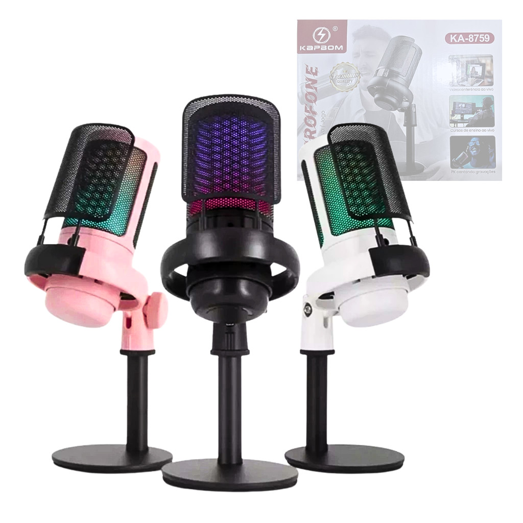 Microfone Condensador Gamer LED RGB Gravação Podcast Kapbom KA-8759