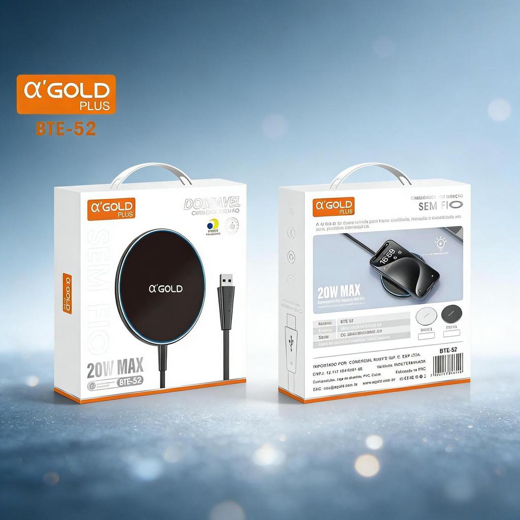 Carregador Sem Fio 20W A'gold com Indução Magnética BTE-52