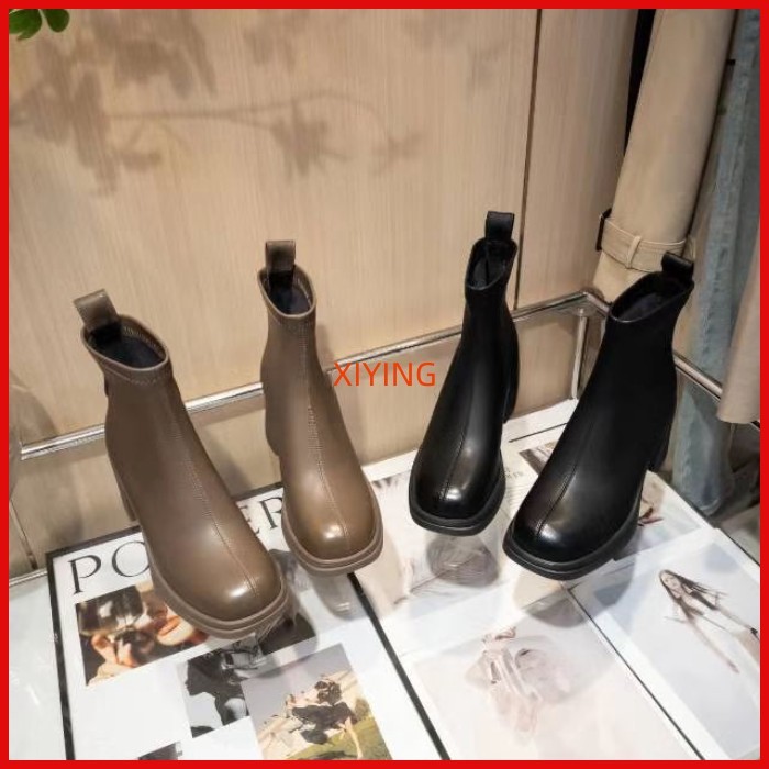 Botas curtas Martin francesas de salto grosso de 6 cm com plataforma impermeável e aparência mais fina