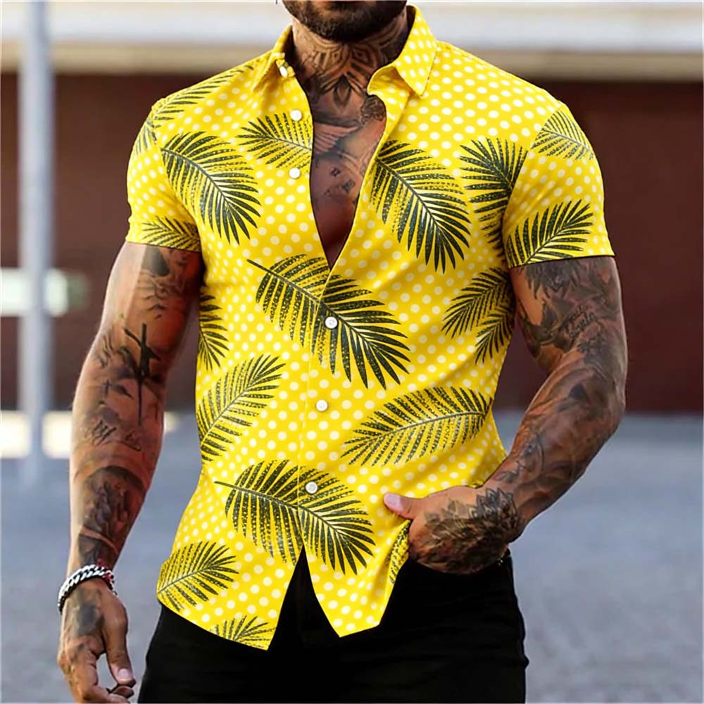 Camisa Masculina De Manga Curta Fashion – Blusa Casual Com Estampa De Bolinhas Amarelas E Folha De Palmeira