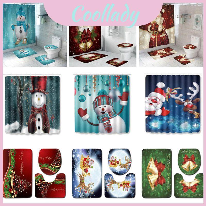 Vibrante 4 Peças De Cortina De Chuveiro De Natal E Conjunto De Almofada De Vaso Sanitário Tapete De Cobertura Para Charm