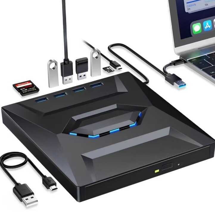 Unidade óptica externa multifuncional 7 em 1 Gravador de gravação de DVD USB3.0 Tipo-c pode ser conectado ao cartão de d