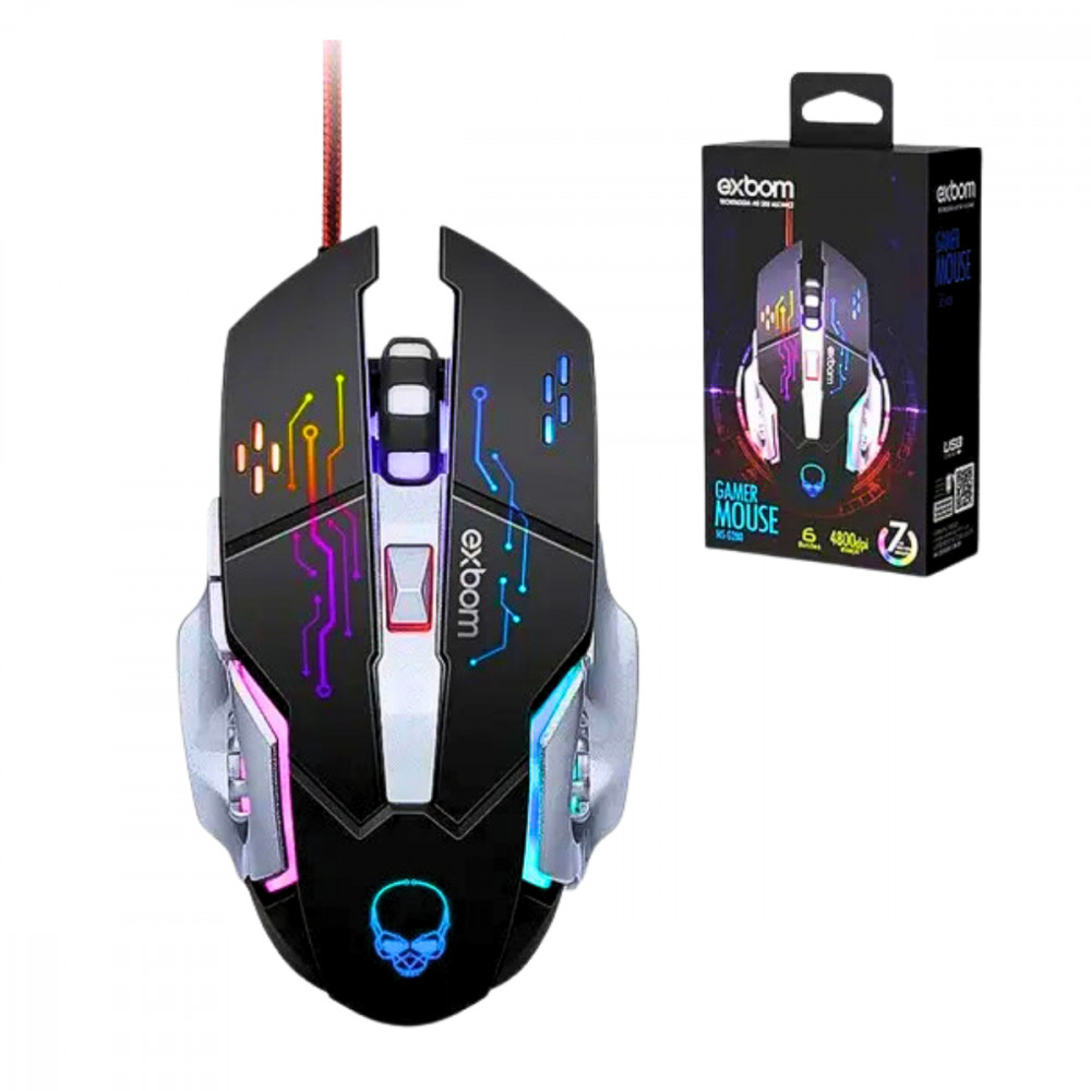 Mouse Gamer LED RGB com 6 Botões Base de Metal 4800 DPI Exbom MS-G280
