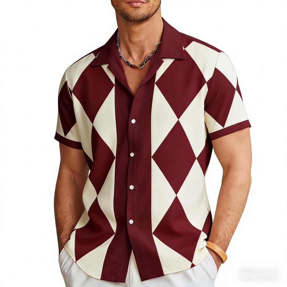 Camisa Casual Masculina Com Estampa De Diamante Vintage Retrô Streetwear Moda Social Top