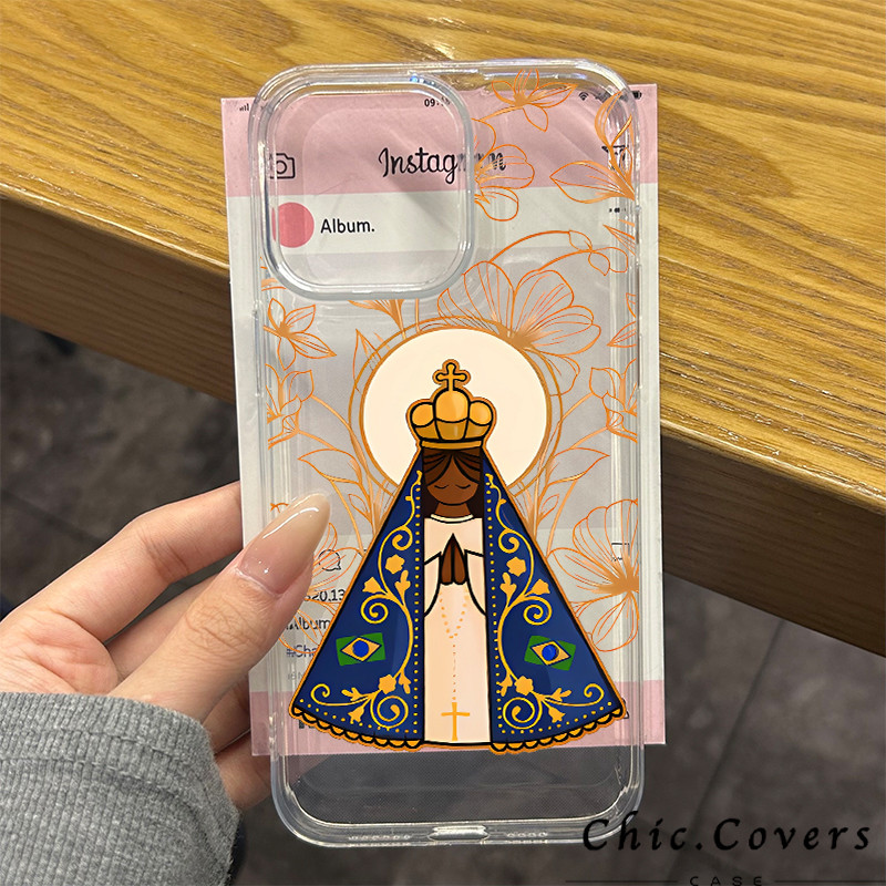 Capa de Silicone Transparente Nossa Senhora Aparecida Anti-queda para iPhone 16 15 14 13 12 11 Pro Max 7/8PLUS