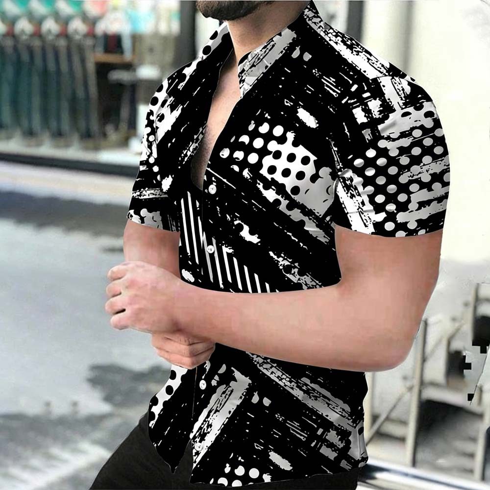 Camisa Masculina Casual De Manga Curta – Top Fashion Com Estampa De Bolinhas E Pincel Ousadas Para O Verão