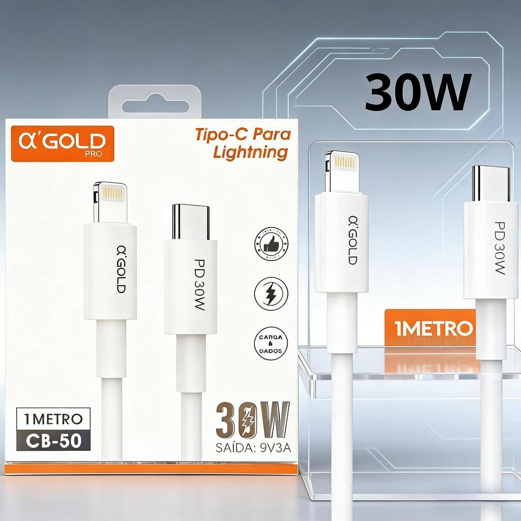 Cabo A'Gold Tipo C e Lightning - Para Apple, Comprimento 1 Metro CB-50