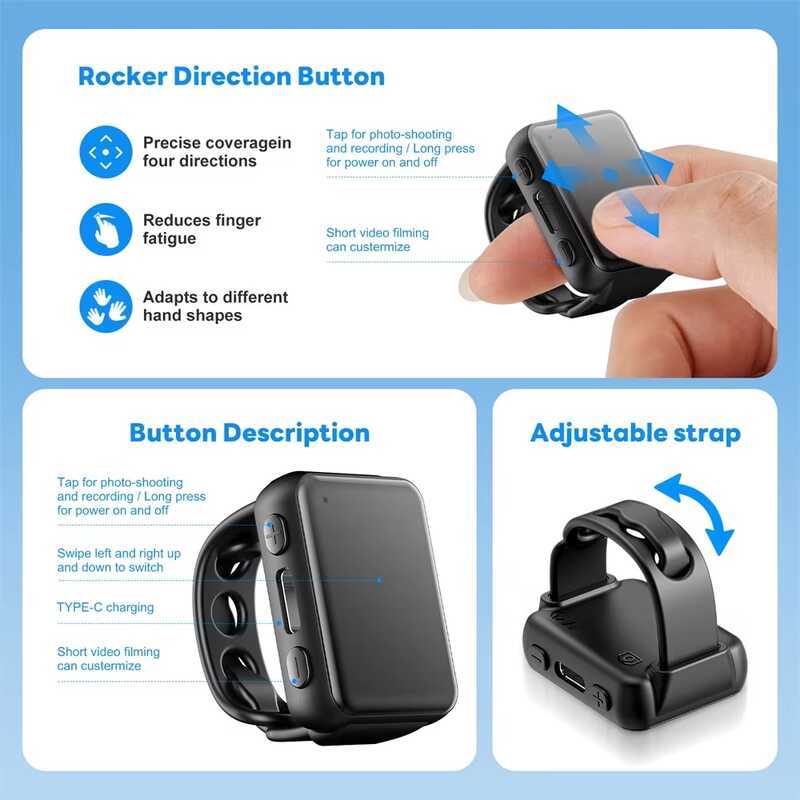 Mouse Sem Fio Bluetooth Anel De Rolamento Toque Inteligente Dedo Controle Remoto Gravação Vídeo Rolagem Câmera Obturador
