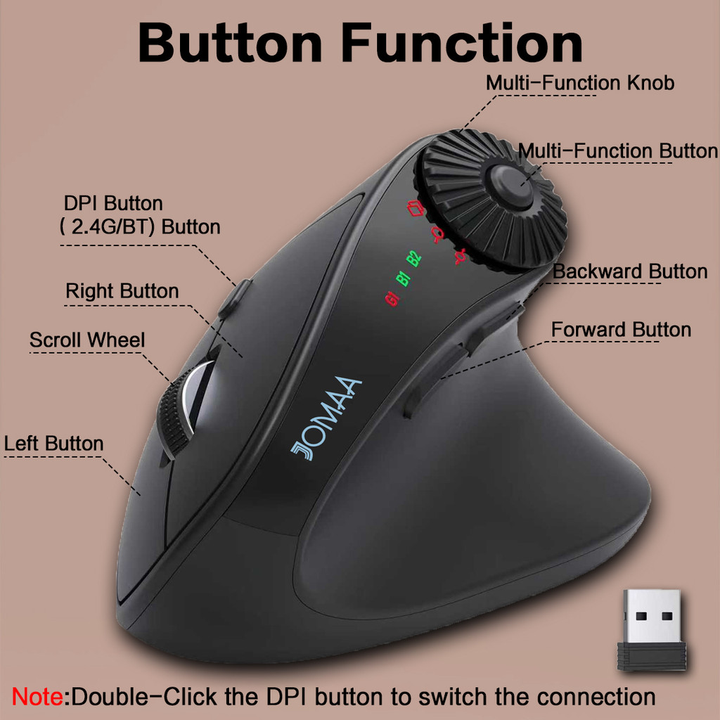 JOMAA Mouse Vertical Sem Fio Para Mão Direita Com Botão De Ajuste Bluetooth Ratos Ergonômicos Computador Laptop Tablet W · foto 2