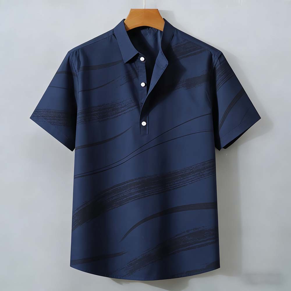 Camisa Masculina De Manga Curta Com Estampa Abstrata Azul Marinho – Top Henley Moderno E Casual Botões