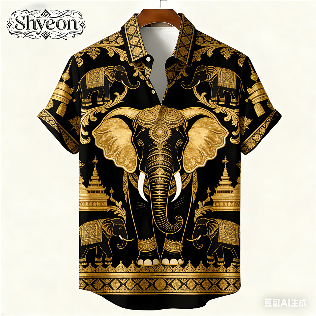 Camisas Masculinas Com Impressão 3D , Padrões De Elefante Folhas Retrô E Estilos Tribais Geométricos . Perfeito Para A H