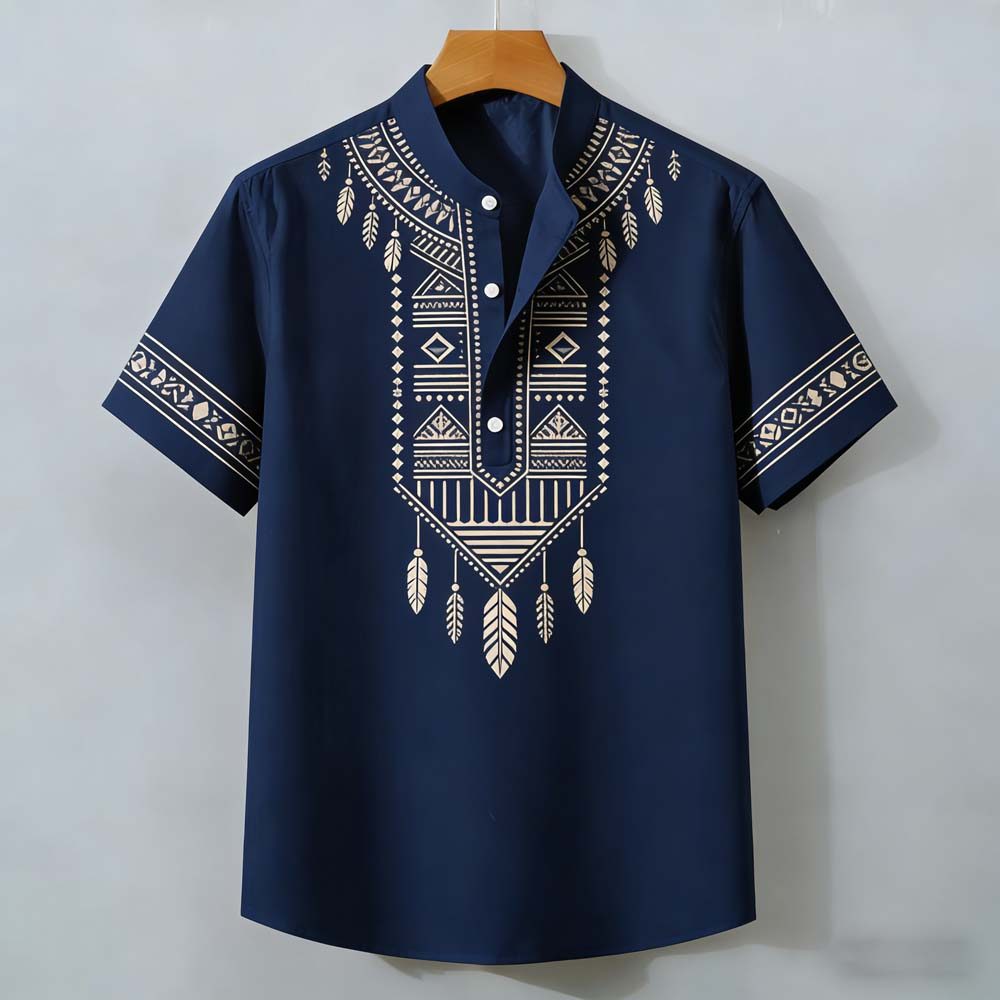 Camisa Masculina De Manga Curta Com Estampa Tribal Étnica Azul Escuro Branco – Blusa Streetwear Estilo Luxo