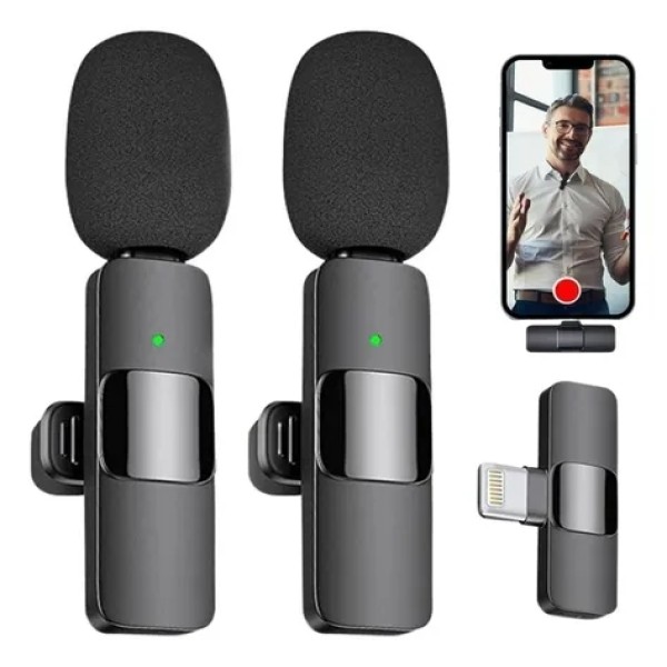 Microfone Lapela Sem Fio Duplo com Receptor Lightning Para Celular e Gravações