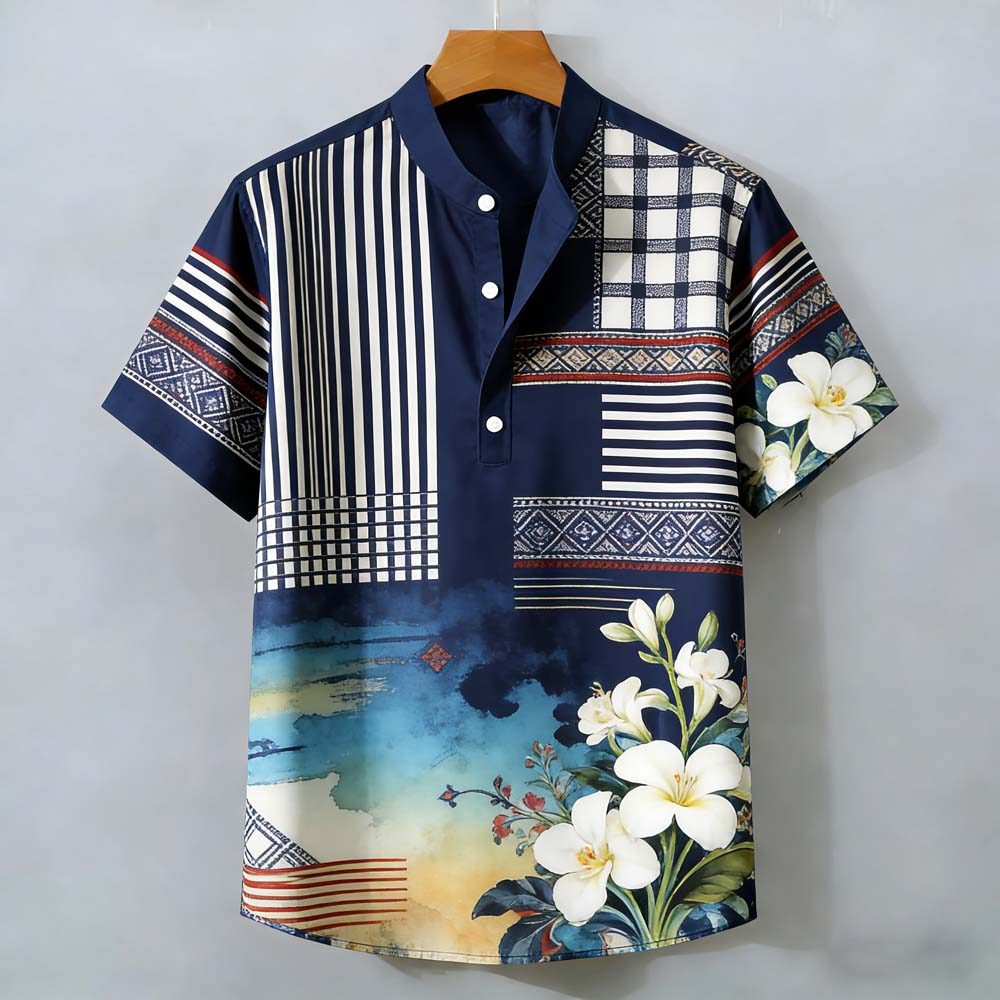 Camisa Masculina Vintage De Manga Curta Com Estampa De Listras E Aquarela – Top Henley Casual Botão Frontal