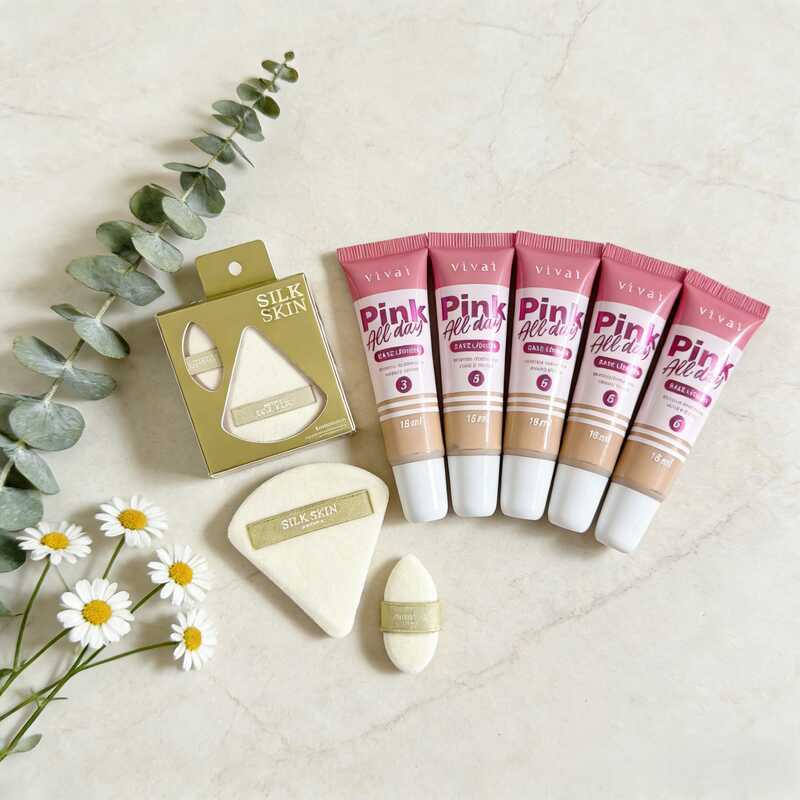 Kit Maquiagem Essencial-Kit Base Líquida Pink All Day Tons Claros Vivai 1104.1.1 e Esponja Silk Skin Ruby Rose HB-A7001